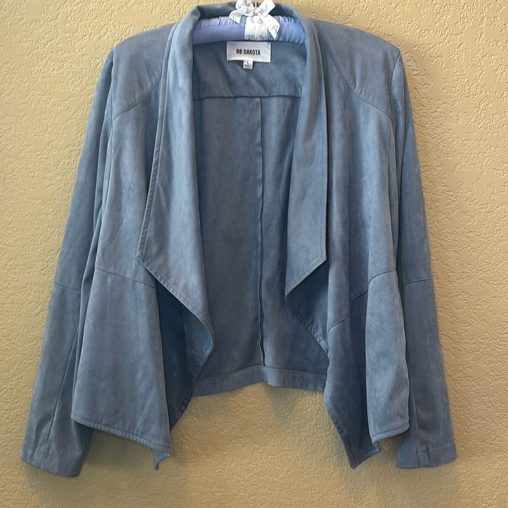 BB DAKOTA Jacket - Draped, Open Front, Faux Suede, Ocean Blue, Sz L Stylish!